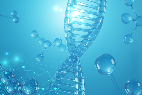 A DNA spiral and molecule structures in front of a blue background
